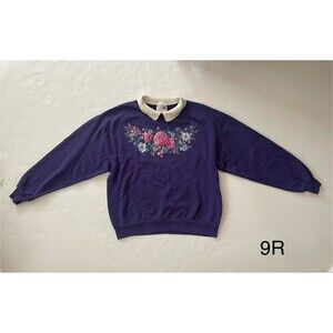 VTG 90s Morning Sun Floral‎ White/ Purple Grandma Flower Sweatshirt Sz L USA